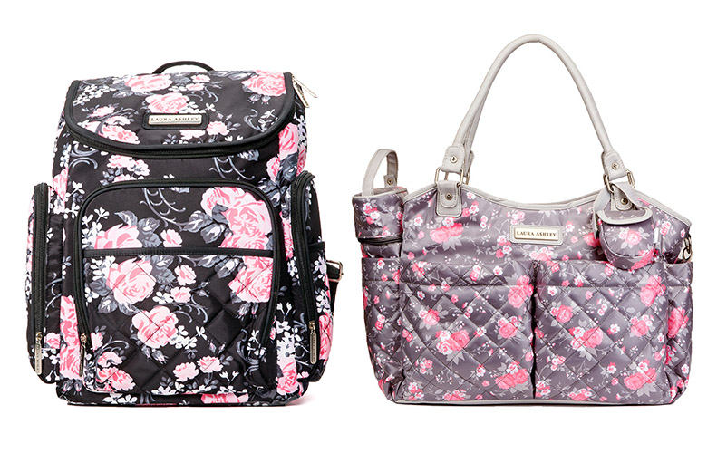 4-in-1 Black Zip Around Floral Backpack Diaper Bag | 6-in-1 Floral Tote Diaper Bag, Gray and Pink